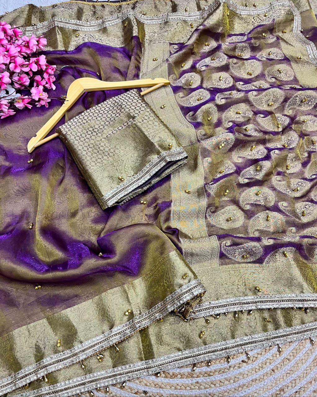 Traditional Purple Tissue Silk Banarasi Zari Saree with Ghunghru Work