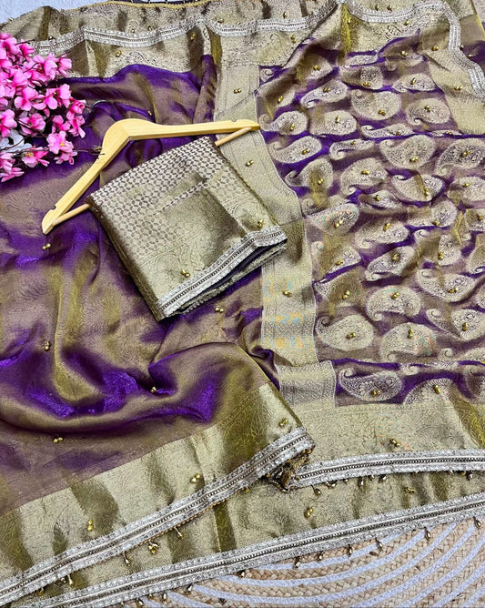 Traditional Purple Tissue Silk Banarasi Zari Saree with Ghunghru Work