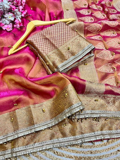 Traditional Rani Pink Tissue Silk Banarasi Zari Saree with Ghunghru Work