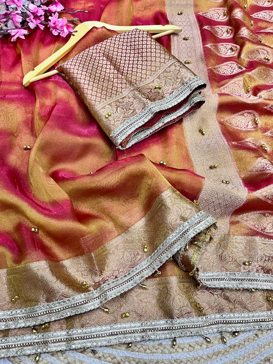 Traditional Orange color Tissue Silk Banarasi Zari Saree with Ghunghru Work