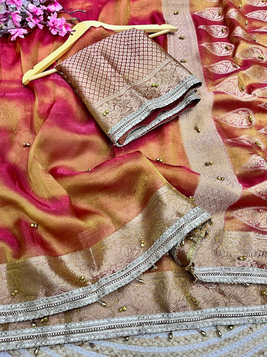 Traditional Orange color Tissue Silk Banarasi Zari Saree with Ghunghru Work