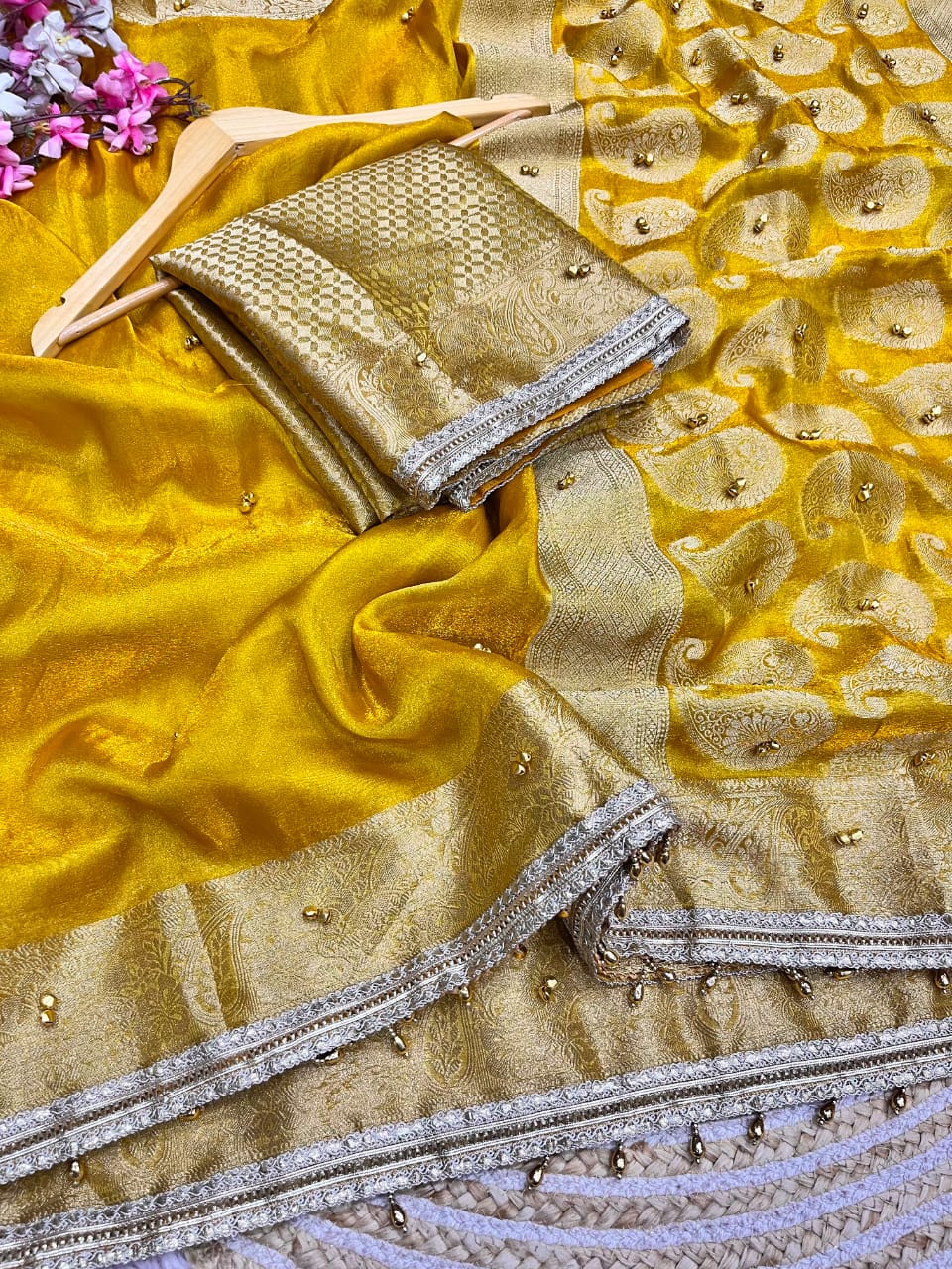 Traditional Yellow color Tissue Silk Banarasi Zari Saree with Ghunghru Work