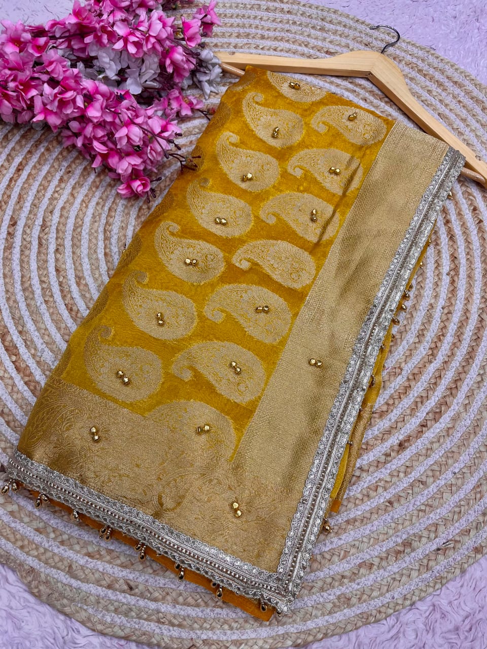 Traditional Yellow color Tissue Silk Banarasi Zari Saree with Ghunghru Work