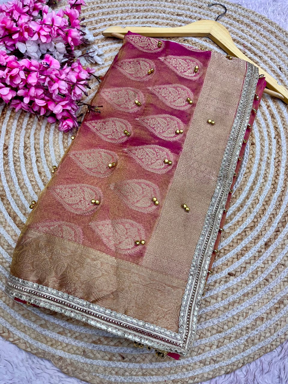 Traditional Rani Pink Tissue Silk Banarasi Zari Saree with Ghunghru Work