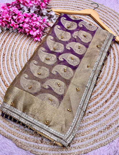 Traditional Purple Tissue Silk Banarasi Zari Saree with Ghunghru Work
