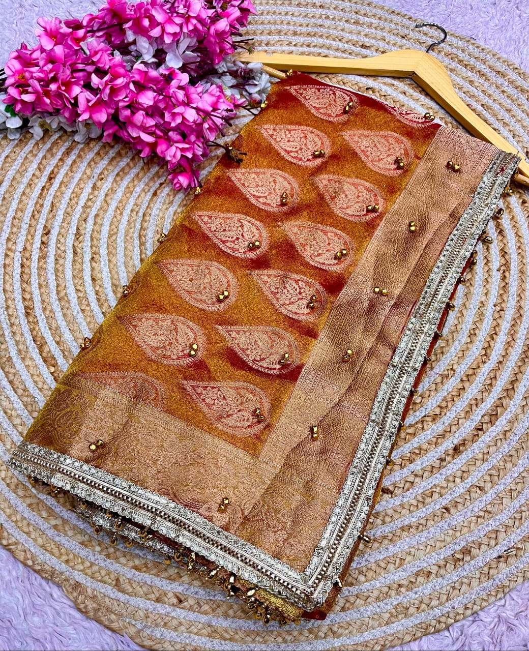 Traditional Orange color Tissue Silk Banarasi Zari Saree with Ghunghru Work