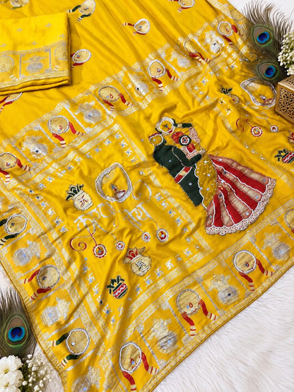 Yellow color Karwa Chauth Saree with Unstitched