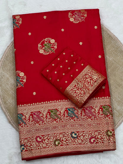 Traditional Red Satin Silk Banarasi Zari Saree