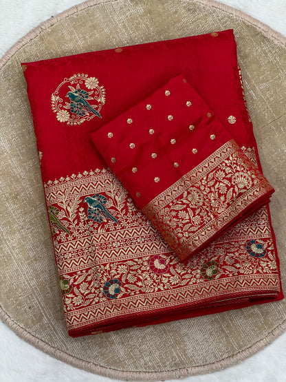 Traditional Red Satin Silk Banarasi Zari Saree