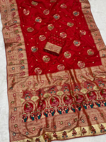 Traditional Red Satin Silk Banarasi Zari Saree