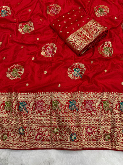 Traditional Red Satin Silk Banarasi Zari Saree