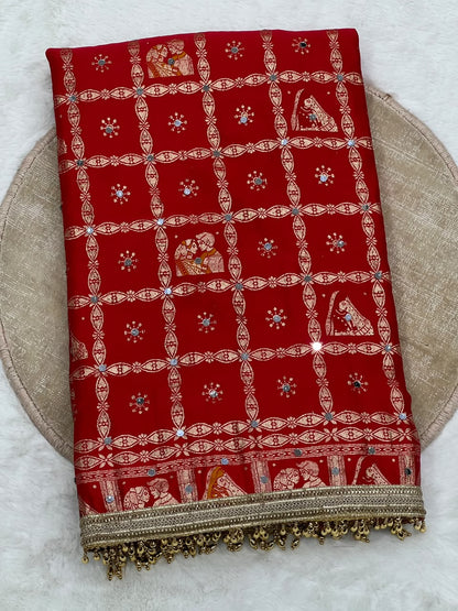 Red color Karwa Chauth Saree with Unstitched
