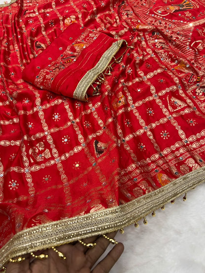 Red color Karwa Chauth Saree with Unstitched