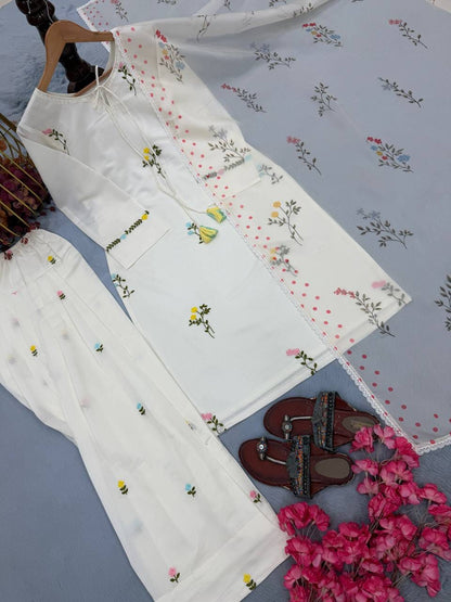 Designer Party Wear Look Pur Mul Chandheri Top & Farshi Palazzo With Dupatta set