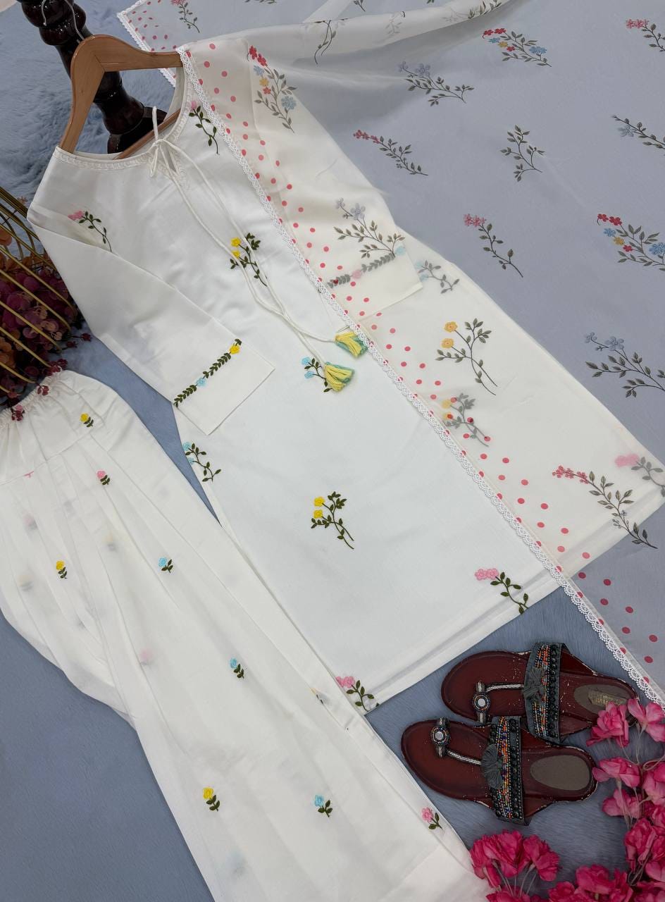 Designer Party Wear Look Pur Mul Chandheri Top & Farshi Palazzo With Dupatta set