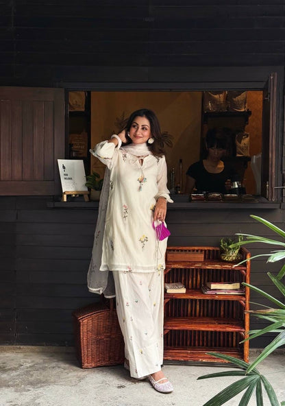 Designer Party Wear Look Pur Mul Chandheri Top & Farshi Palazzo With Dupatta set