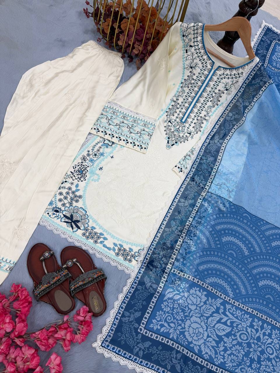 Designer Party Wear Look Pur Satin Rayon Top & Farshi Palazzo With Dupatta set