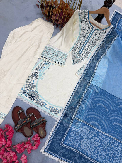 Designer Party Wear Look Pur Satin Rayon Top & Farshi Palazzo With Dupatta set