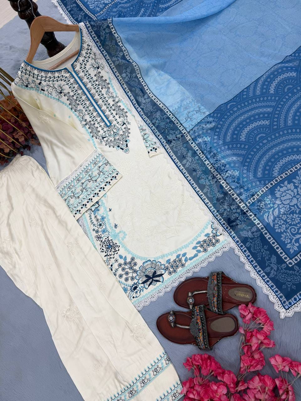 Designer Party Wear Look Pur Satin Rayon Top & Farshi Palazzo With Dupatta set