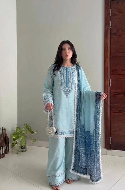 Designer Party Wear Look Pur Satin Rayon Top & Farshi Palazzo With Dupatta set