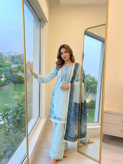 Designer Party Wear Look Pur Satin Rayon Top & Farshi Palazzo With Dupatta set