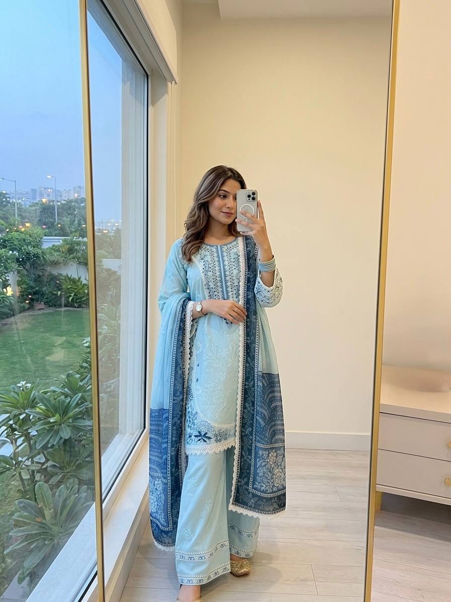 Designer Party Wear Look Pur Satin Rayon Top & Farshi Palazzo With Dupatta set
