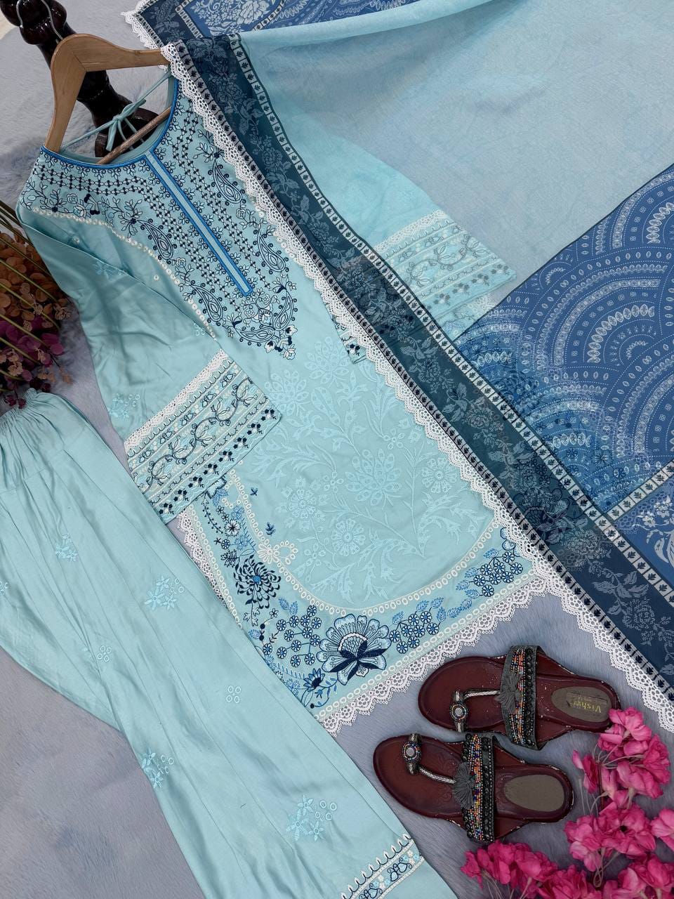 Designer Party Wear Look Pur Satin Rayon Top & Farshi Palazzo With Dupatta set