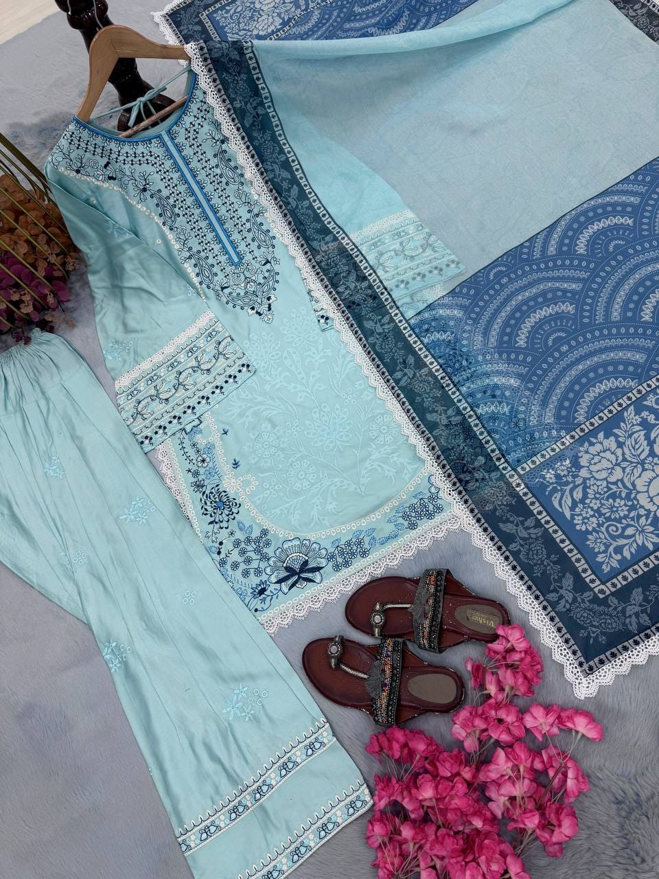 Designer Party Wear Look Pur Satin Rayon Top & Farshi Palazzo With Dupatta set