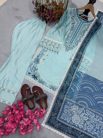 Designer Party Wear Look Pur Satin Rayon Top & Farshi Palazzo With Dupatta set