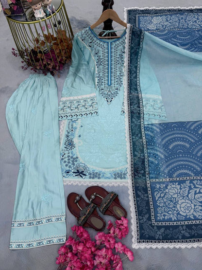Designer Party Wear Look Pur Satin Rayon Top & Farshi Palazzo With Dupatta set