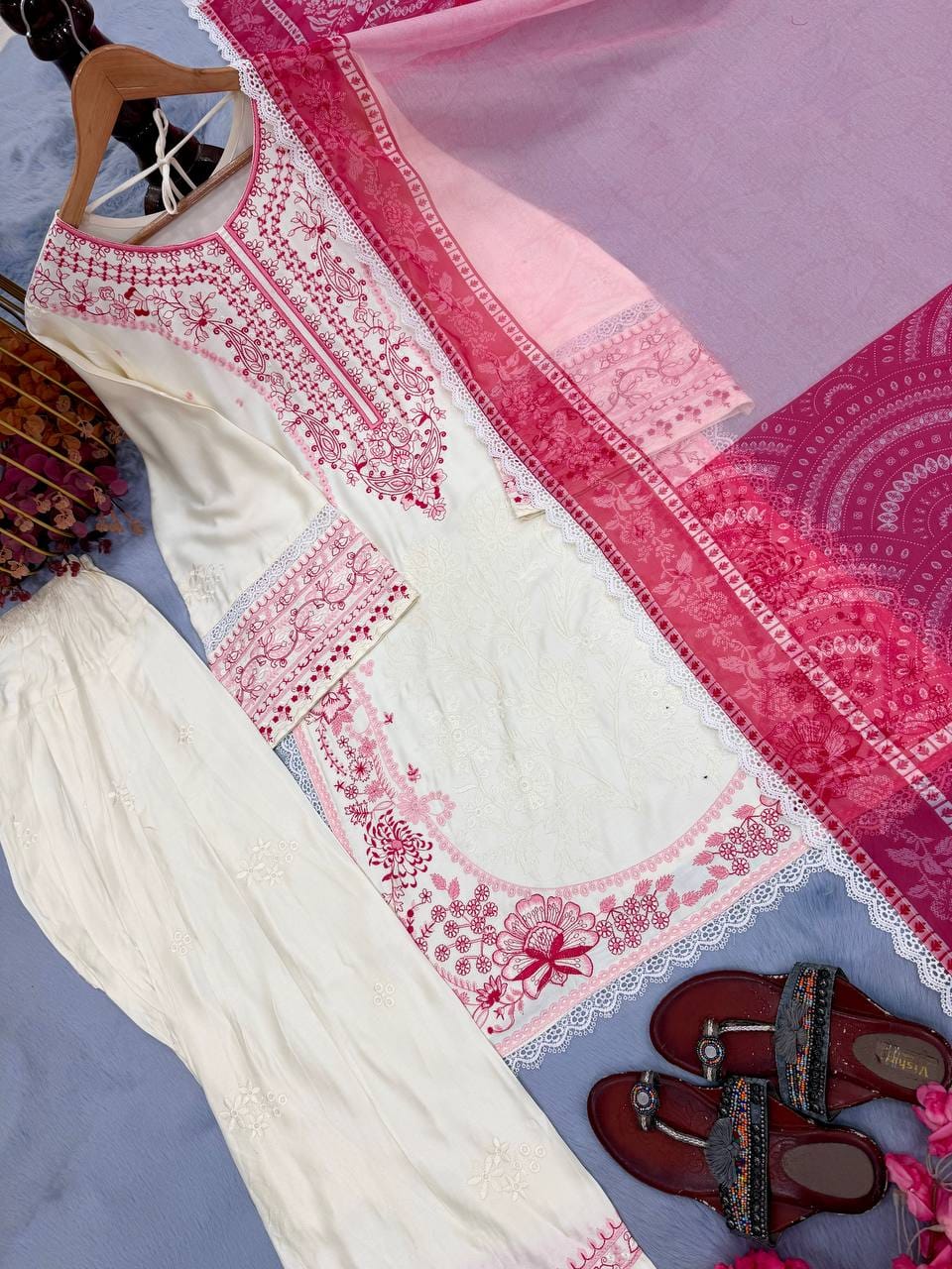 Designer Party Wear Look Pur Satin Rayon Top & Farshi Palazzo With Dupatta set