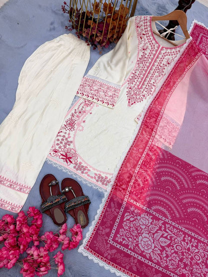 Designer Party Wear Look Pur Satin Rayon Top & Farshi Palazzo With Dupatta set