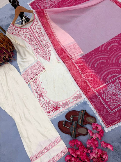 Designer Party Wear Look Pur Satin Rayon Top & Farshi Palazzo With Dupatta set