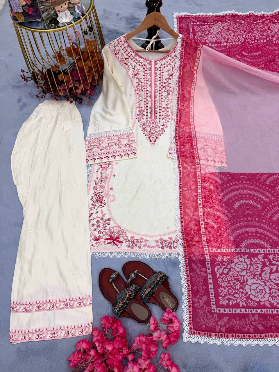 Designer Party Wear Look Pur Satin Rayon Top & Farshi Palazzo With Dupatta set