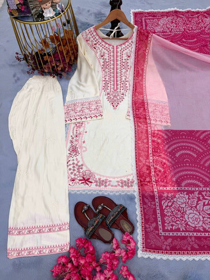 Designer Party Wear Look Pur Satin Rayon Top & Farshi Palazzo With Dupatta set