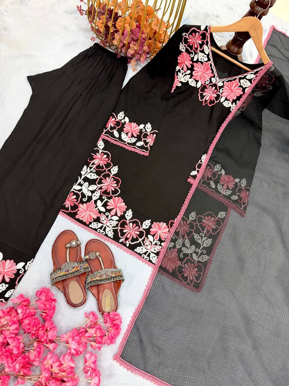 Designer Party Wear Look Pur Satin Rayon Top & Farshi Palazzo With Dupatta set