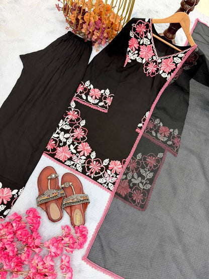 Designer Party Wear Look Pur Satin Rayon Top & Farshi Palazzo With Dupatta set