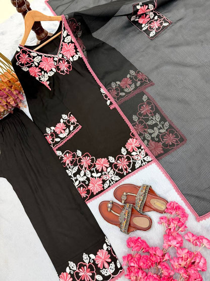 Designer Party Wear Look Pur Satin Rayon Top & Farshi Palazzo With Dupatta set