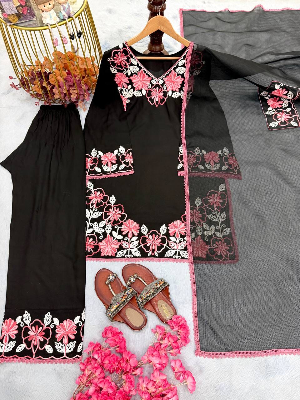 Designer Party Wear Look Pur Satin Rayon Top & Farshi Palazzo With Dupatta set
