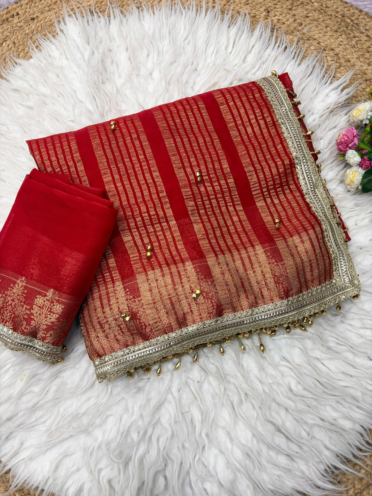 Traditional Red Sattin chiffon silk Banarasi Zari Saree with Ghunghru Work