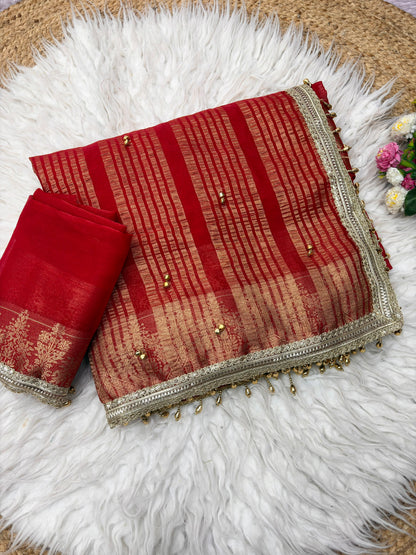 Traditional Red Sattin chiffon silk Banarasi Zari Saree with Ghunghru Work