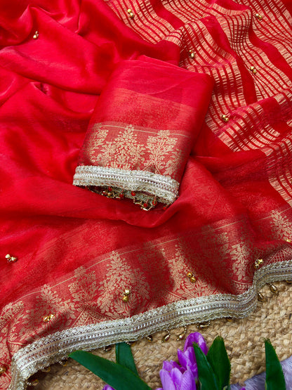 Traditional Red Sattin chiffon silk Banarasi Zari Saree with Ghunghru Work