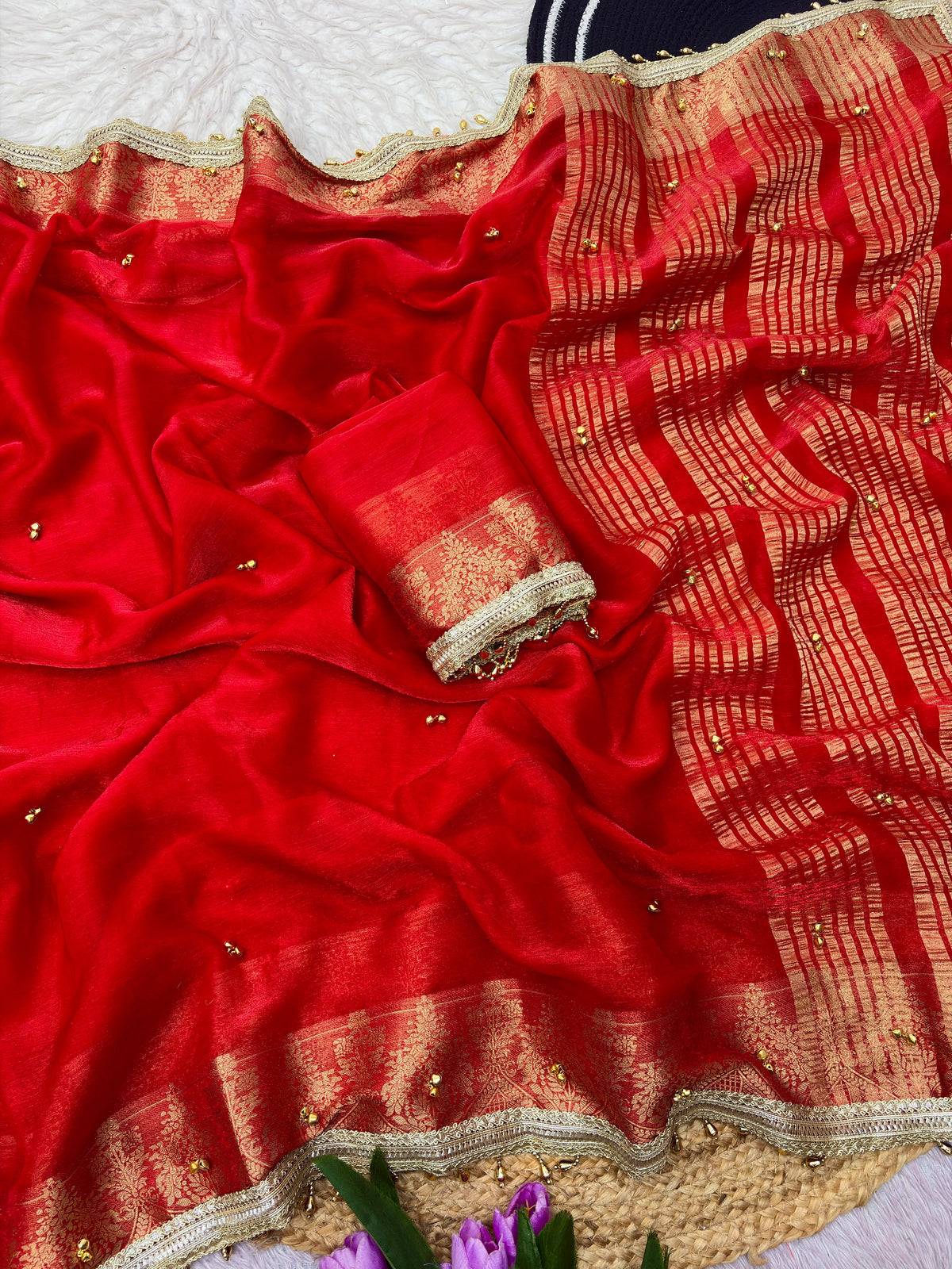 Traditional Red Sattin chiffon silk Banarasi Zari Saree with Ghunghru Work