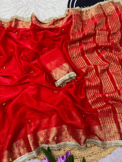 Traditional Red Sattin chiffon silk Banarasi Zari Saree with Ghunghru Work
