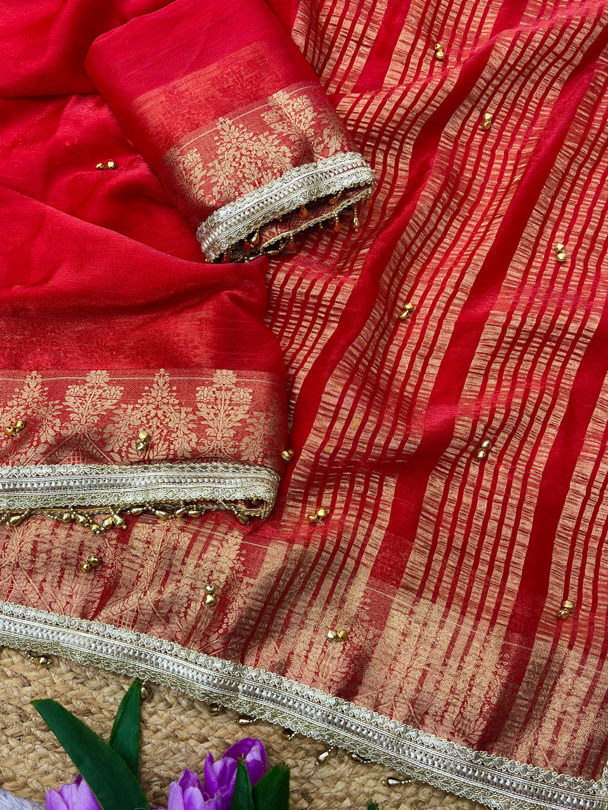 Traditional Red Sattin chiffon silk Banarasi Zari Saree with Ghunghru Work