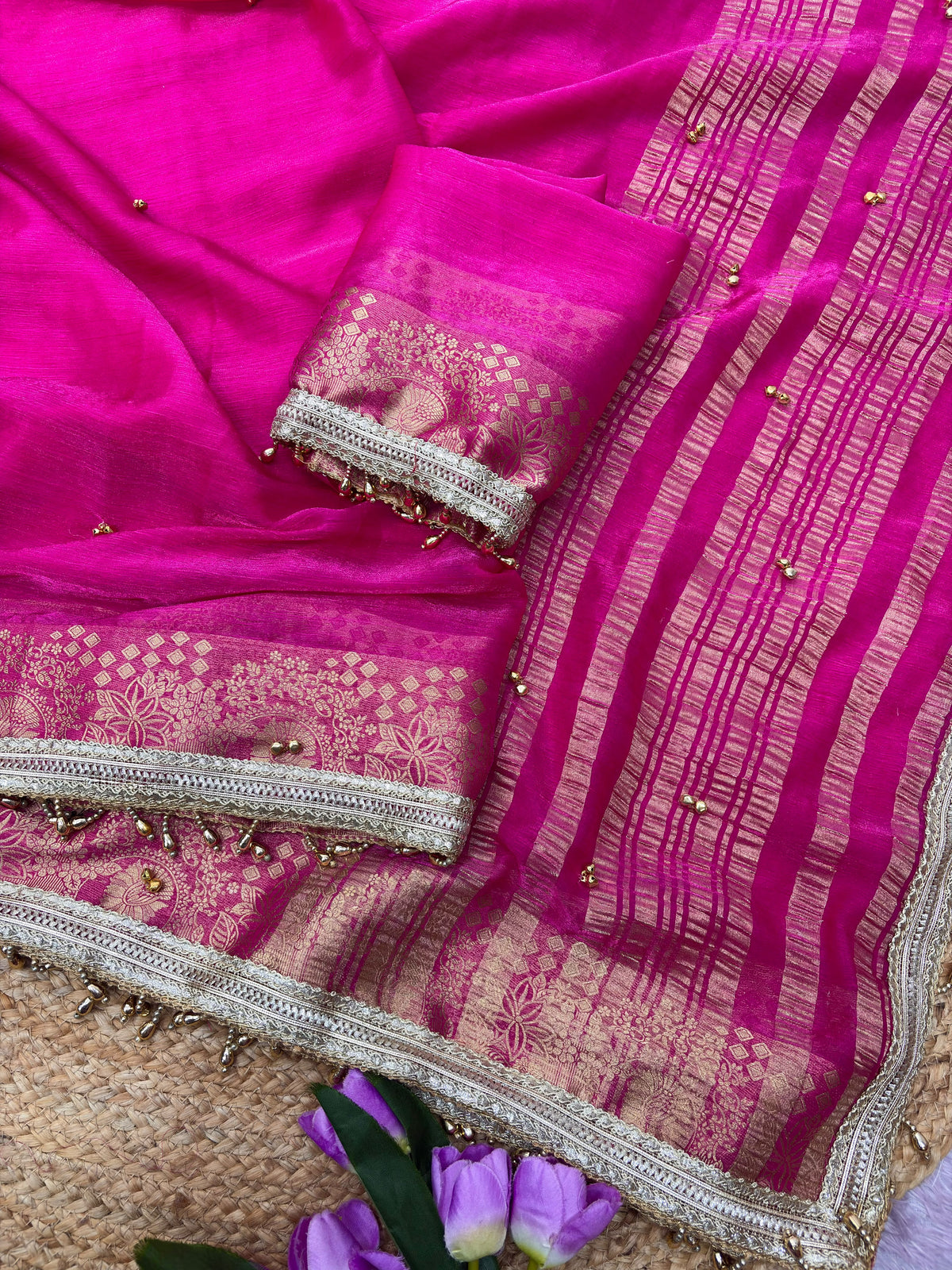 Traditional Rani Pink Sattin chiffon silk Banarasi Zari Saree with Ghunghru Work