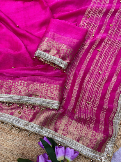 Traditional Rani Pink Sattin chiffon silk Banarasi Zari Saree with Ghunghru Work