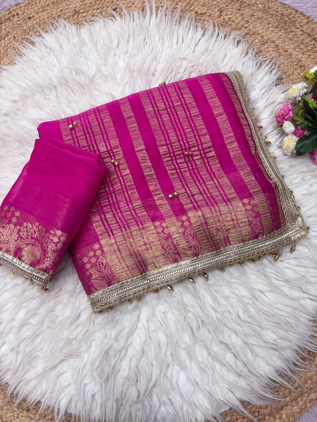 Traditional Rani Pink Sattin chiffon silk Banarasi Zari Saree with Ghunghru Work