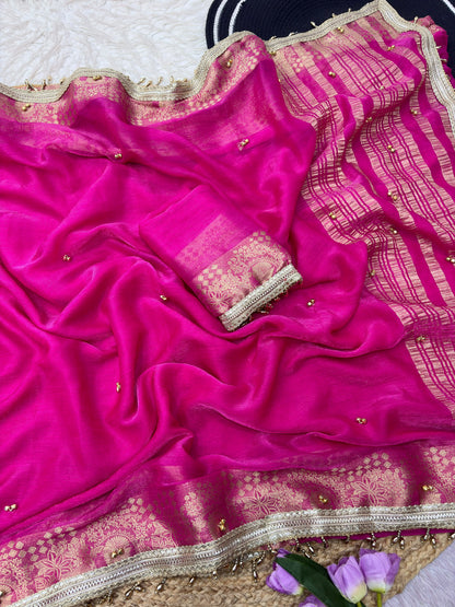Traditional Rani Pink Sattin chiffon silk Banarasi Zari Saree with Ghunghru Work