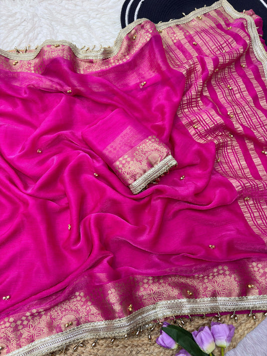 Traditional Rani Pink Sattin chiffon silk Banarasi Zari Saree with Ghunghru Work